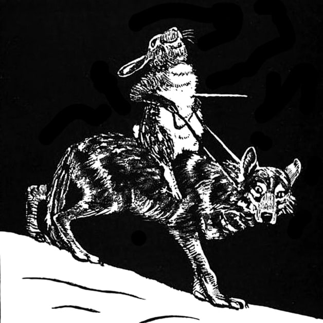 "Wolf trotting along like a little horse, and Rabbit laughing to himself, sitting in the saddle." Illustration by Marcia Lane Foster, published in Canadian Wonder Tales by Cyrus MacMillan (1922), John Lane