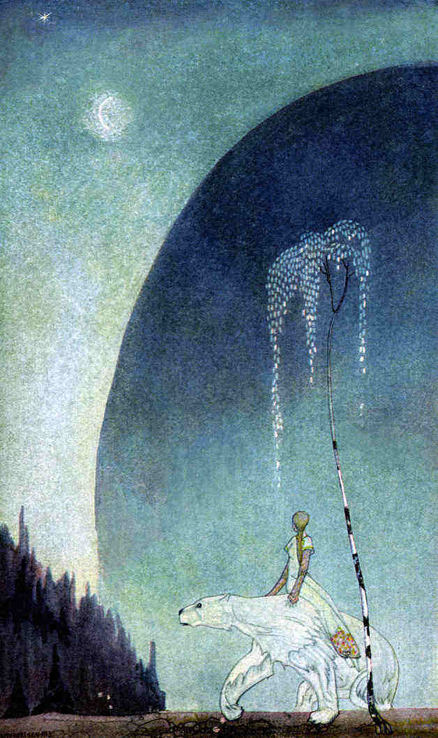 "Next Thursday evening came the White Bear to fetch her, and she got upon his back with her bundle, and off they went." Illustration by Kay Nielsen. Published in East of the Sun and West of the Moon: Old Tales from the North byAsbjørnsen &amp; Moe (1926?), George H. Doran Company.