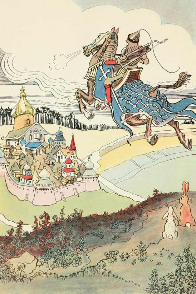 "The horse grew restive, reared higher than the waving forests." Illustration by R. DE Rosciszewski, published in The Russian Garland of Fairy Tales by Robert Steele (1916), Robert M. McBride & Company.