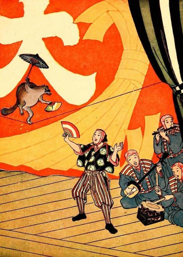 "The tinker and his tightrope-dancing badger." Illustration by Sanchi Ogawa, published in Japanese Fairy Tales by Teresa Peirce Williston (1904), Rand McNally & Co.