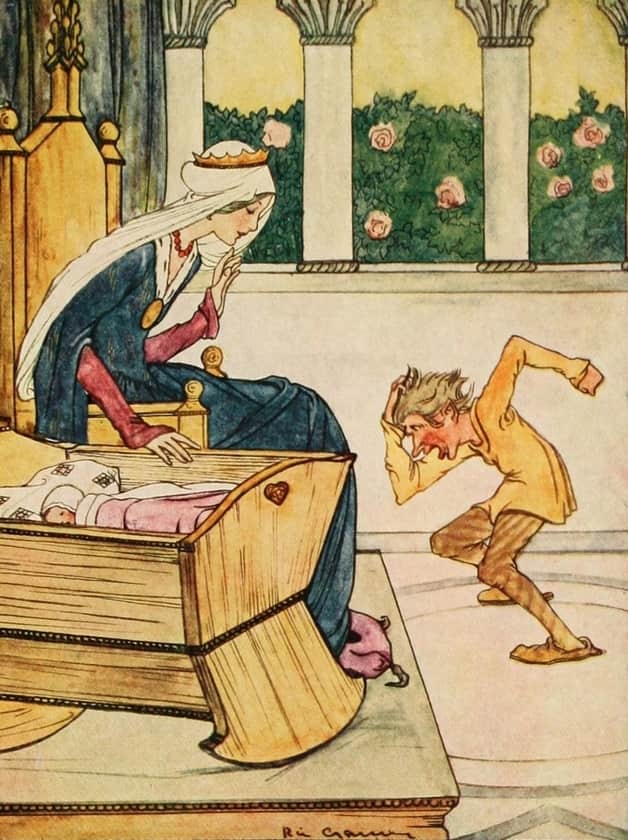 "Perhaps your name is Rumpelstilkskin?" Illustration by Rie Cramer, published in Alcott's Grimm's Fairy Tales (1927), Penn Pub. Company