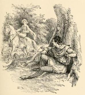 "He saw a lady so extremely beautiful that he imagined she must be the Virgin Mary herself." Illustration by A.G. Walker. Published in A Book of Ballad Stories. Publication date unknown. Gardner, Darton and Co.