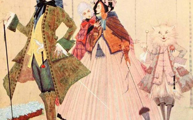 Two people and a cat are pictured in this illustration of one of the most famous fairy tale cats, Puss in Boots
