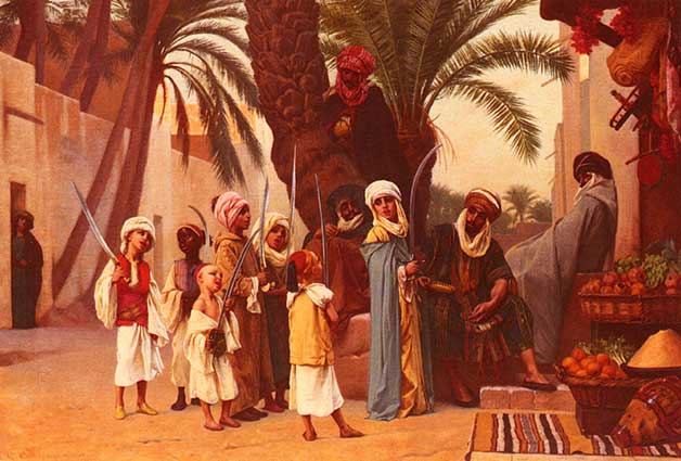 Sons of the Sultan of the Indies in the street with scimitars. From the painting A Tale of a 1001 Nights (1873) by Gustave Clarence Rodolphe Boulanger.