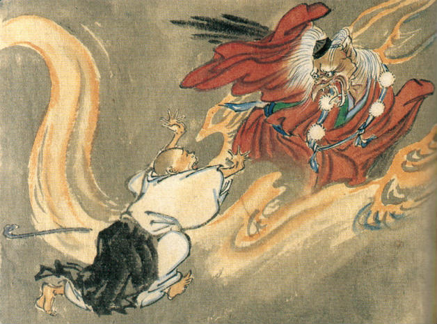 Painting of Tengu battling a Buddhist monk by artist Kawanabe Kyōsai.