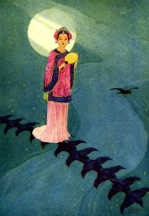 A woman walks down a bridge of crows in this illustration by George H. Hood
