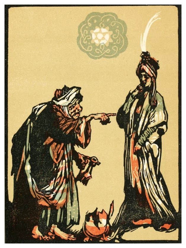 "The Prince took up a stone and cast it at the old woman's jug and broke it to pieces. Without a word the woman withdrew." Illustration by Willy Pogany. Published in Forty-Four Turkish Fairy Tales (1913), George G. Harrap & Co.