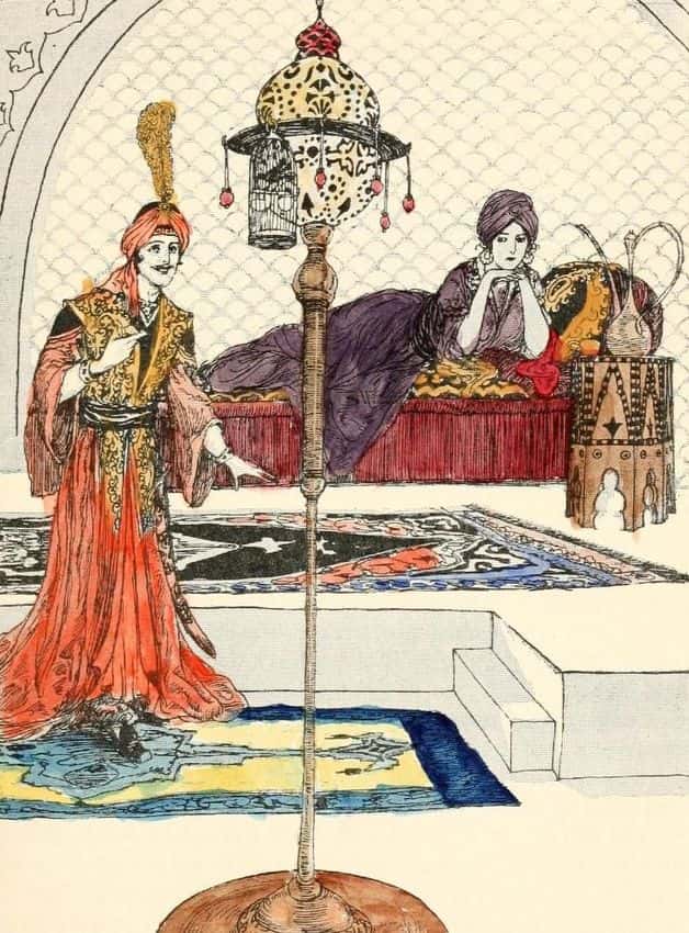 "I will now address the lamp-stand." Illustration by Willy Pogany, published in Fourty-Four Turkish Fairy Tales by Dr. Ignácz Kenos (1913), George C. Harrap and Co, London