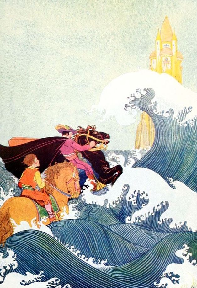 "Soon a great castle upon high rocks rose before them." Illustration by Maud and Miska Petersham. Published Tales of Enchantment from Spain (1920). Harcourt, Brace and Company.