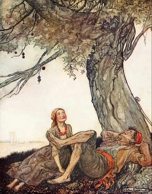 "The travelers and the plane tree." Illustration by Arthur Rackham. Published in Aesop's Fables by V.S. Chesterton (1912), Doubleday Page & Co.