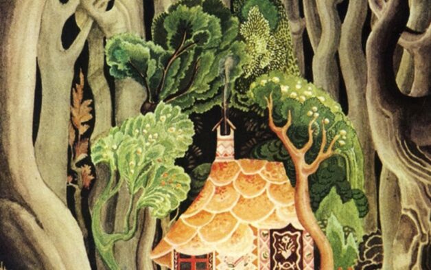 Hansel and Gretel marvel at the cottage made of sweets
