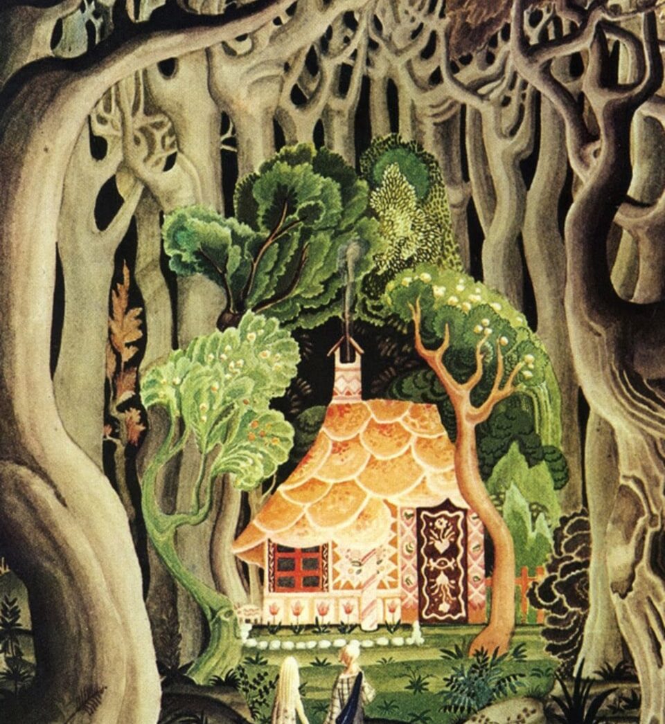 Hansel and Gretel marvel at the cottage made of sweets