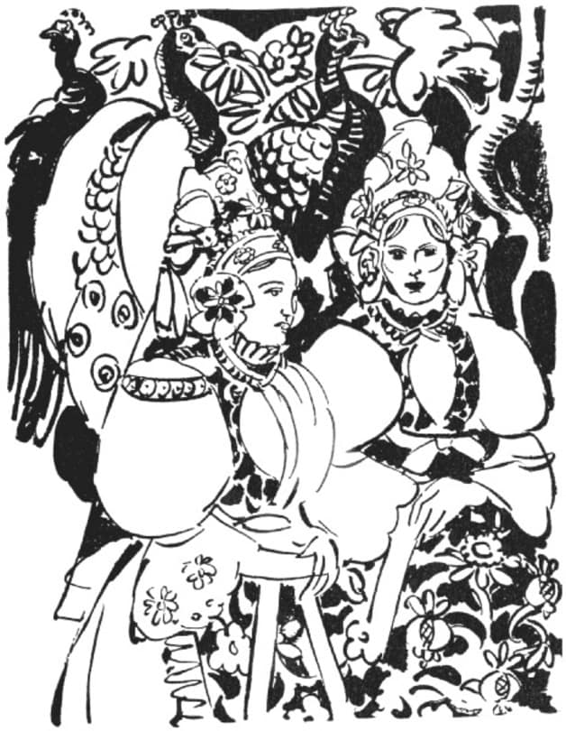 "The girls were exactly alike in face and feature but utterly different in disposition." Illustration by Jan Matulka, published in Czechoslovak Fairy Tales by Parker Fillmore (1919), Harcourt, Brace and Company.