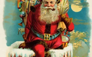 "Up on the housetop." llustration by unknown artist, published in Twas the Night Before Christmas by Clement C. Moore 1896), McLoughlin Bros.