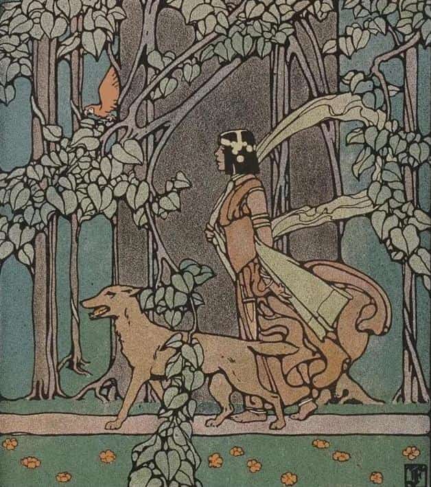 "The jackal took her to his den." Illustration by Charles Buckles Falls, published in The Wild Flower Fairy Book by Esther Singleton (1905), Dodd, Mead and Company.