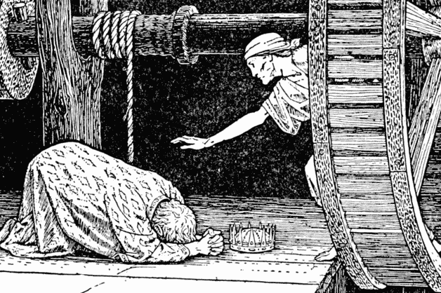 "The king begs pardon." Illustration by John Batten, published in Europa's Fairy Book by Joseph Jacobs (1916), G.P. Putnam's Sons.