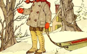 "The snowflakes are falling by ones and by twos." Illustration by Blanche Fisher Wright, published in The Peter Patter Book: Rimes for Children by Leroy F. Johnson (1918), Rand McNally and Co.