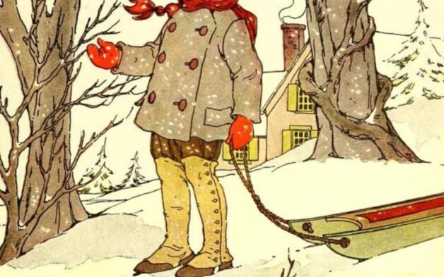 "The snowflakes are falling by ones and by twos." Illustration by Blanche Fisher Wright, published in The Peter Patter Book: Rimes for Children by Leroy F. Johnson (1918), Rand McNally and Co.
