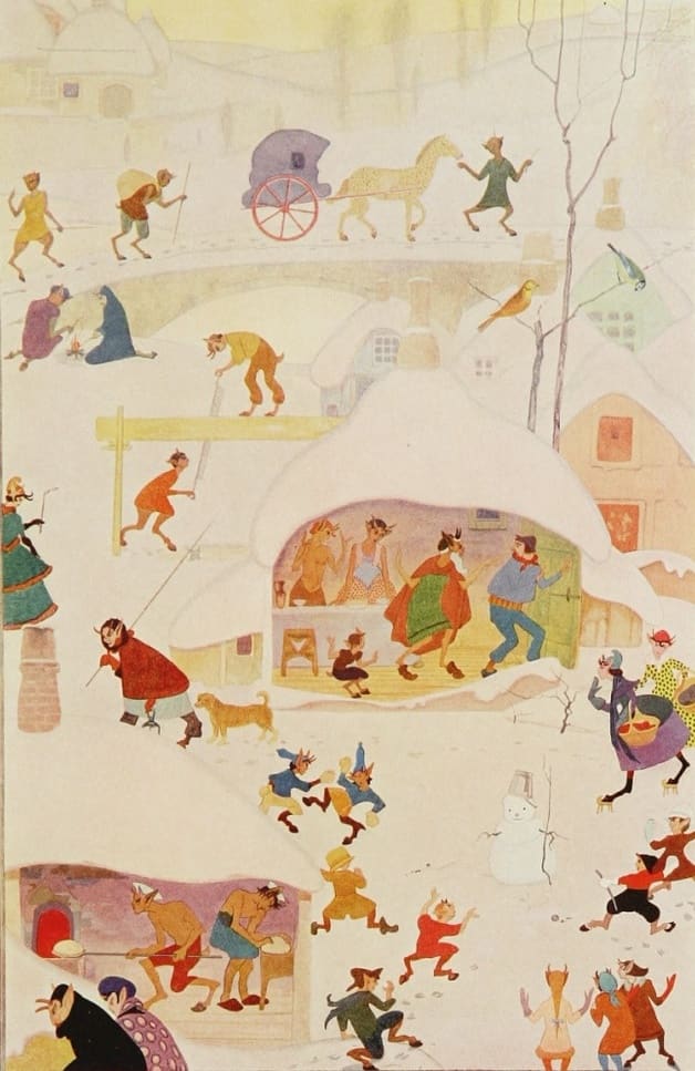 "The satyrs village." llustration by Jean De Bosschère, published in Folk-Tales of Flanders by Jean De Bosschère (1918), Dodd, Mead and Company.