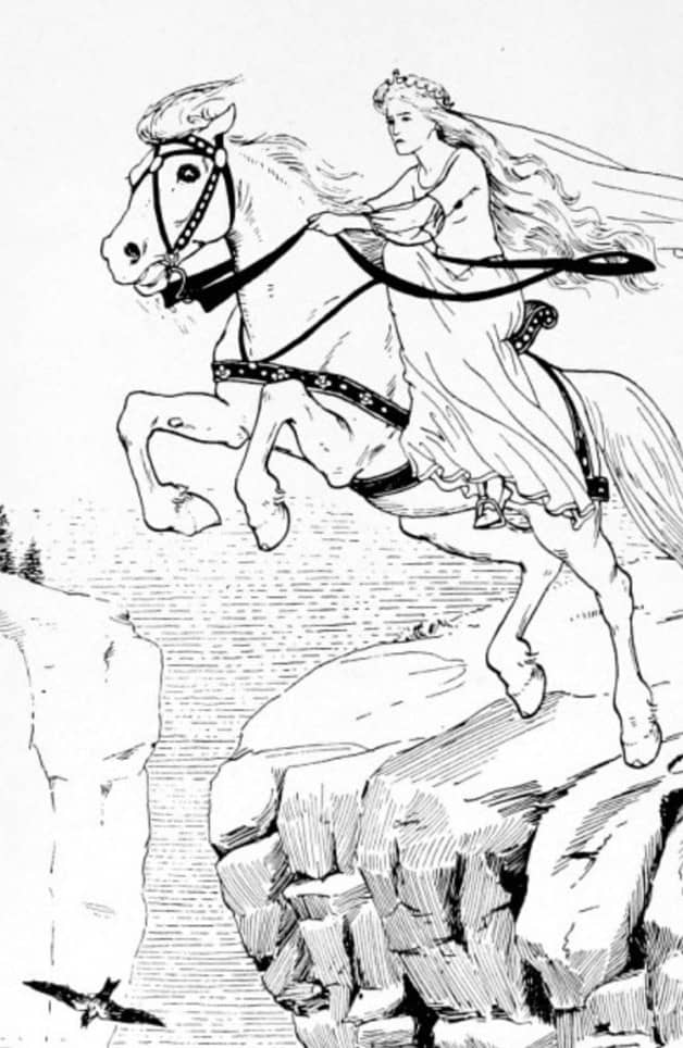 Brunhilda on her horse prepares to gallop across the chasm.