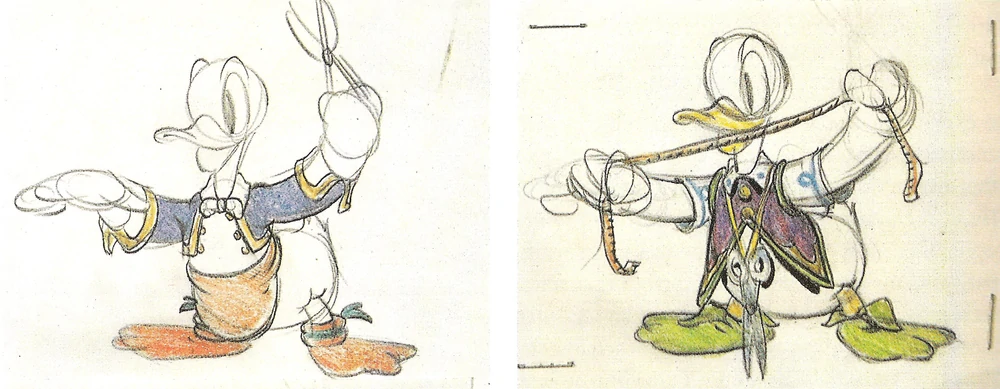 Concept art of Donald Duck as a tailor in a proposed Disney short based on The Emperor's New Clothes.