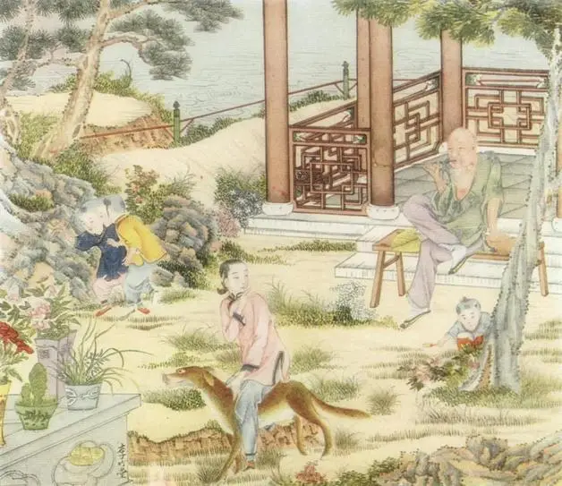 "Standing directly in front of him was Dr. Dog, and lo, riding on his back, clinging to the animal's shaggy hair, was Honeysuckle, his long-lost daughter; while standing near by were three of the handsomest boys he had ever set eyes upon!" Illustration by Li Chu-T'ang. Published in A Chinese Wonder Book (1919). E.P. Dutton and Company.