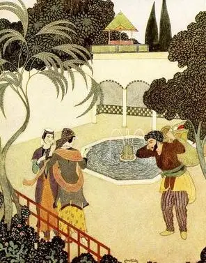 "The porter, who was greatly pleased by her appearance and voice, jumped up at once, poised his basket on his head, and accompanied the lady." Illustration by Edmund Dulac, published in Sinbad the Sailor & Other Stories from the Arabian Nights (1914), Weathervane Books.