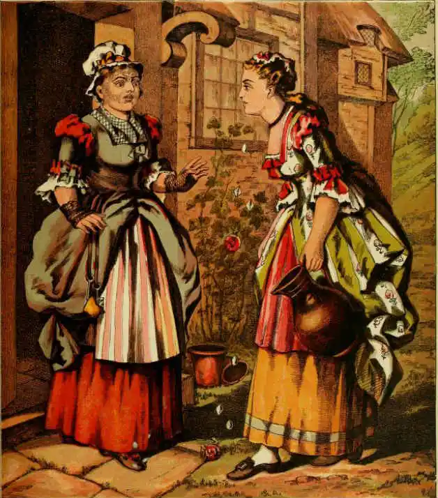 "And in speaking these words there came out of her mouth two roses, two pearls, and two large diamonds." Illustration by Kate Greenway. Published in Aunt's Louisa's Nursery Favorite by Laura Jewry Valentine (1870), Frederick Warne and Co.