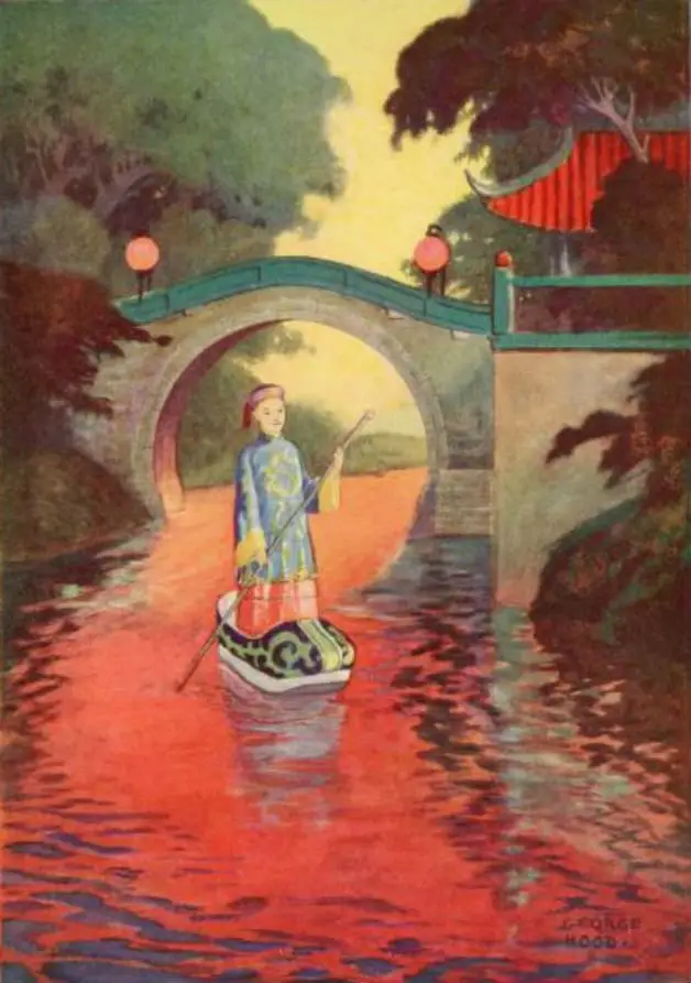 "And I crossed the water in the shoe." Illustration by George Hood. Published in The Chinese Fairy Book by Richard Wilhelm (1921), Frederick A. Stokes Company.