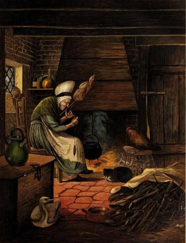 "Here, in this cottage, lived a woman, a cat, and a hen." Illustration by Eleanor Vere Boyle. Published in Fairy Tales by Hans Christian Andersen (1872), Sampson, Low, Marsten, Low and Searle.