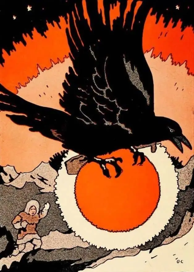 "he whipped on his magic coat and became a raven and flew as fast as his wings would carry him." Illustration by George Carlson, published in A Treasury of Eskimo Tales by Clara Kern Bayliss (1922), Thomas Y. Crowell Company.