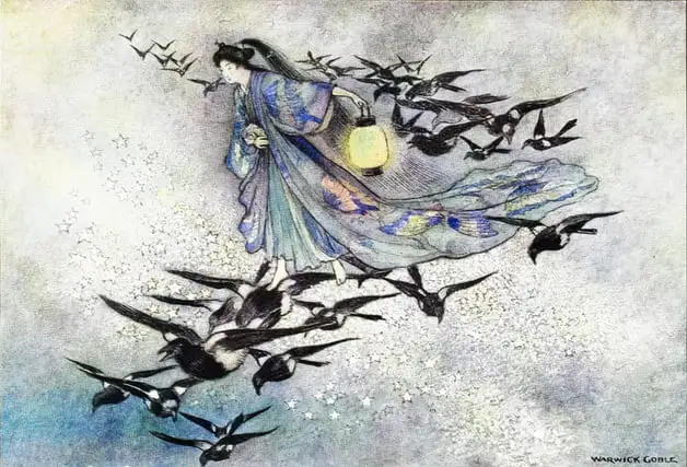 "On the seventh day of the seventh moon came the magpies from far and near. And they spread their wings for a frail bridge." Illustration by Warwick Goble. Published in Green Willow and Other Japanese Fairy Tales. 1910. MacMillan and Company.