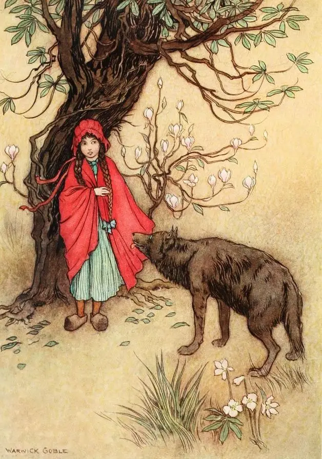 " just as Little Red-Cap entered the wood, a wolf met her. Red-Cap did not know what a wicked creature he was, and was not at all afraid of him." Illustration by Warwick Goble. Published in The Fairy Book by Dinah Craik (1913), MacMillan and Company.