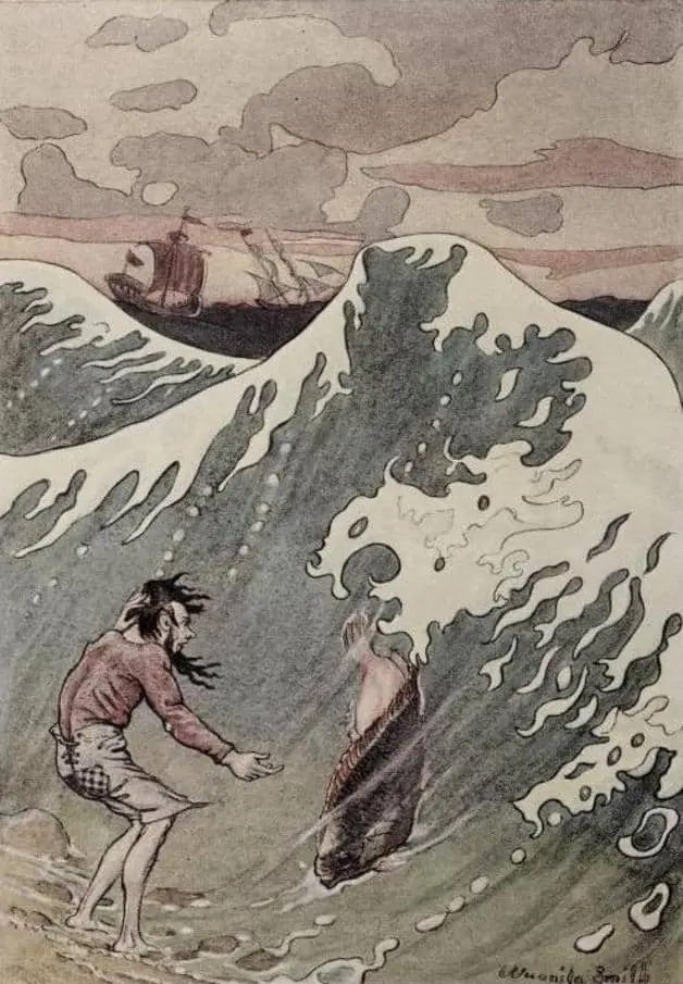 "The flounder came swimming up." Illustration by Wuanita Smith, published in Snow White and Other Stories by the Brothers Grimm (1922), G.W. Jacobs and Company.