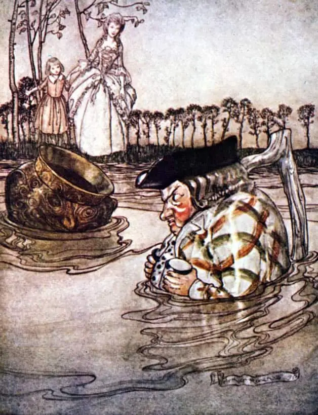 "The two pots." Illustration by Arthur Packham. Published in Aesop's Fables by V.S. Chesterton (1912), Doubleday Page & Co.