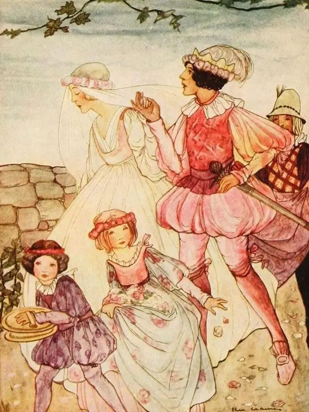 "The prince took her hand and led her to church." Illustration by Rie Cramer. Published in Olcott's Grimm's Fairy Tales (1927). The Penn Publishing Company.