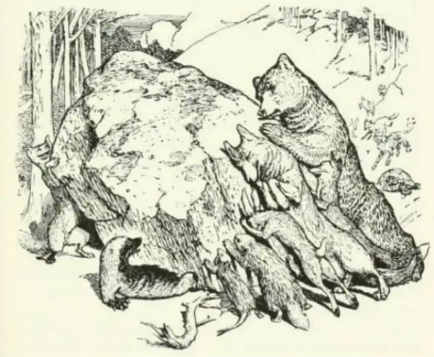 "All the animals try to get the rock off Wolverine's legs." Illustration by H.J. Ford. Published in The Brown Fairy Book by Andrew Lang (1910), Longmans, Green and Co.