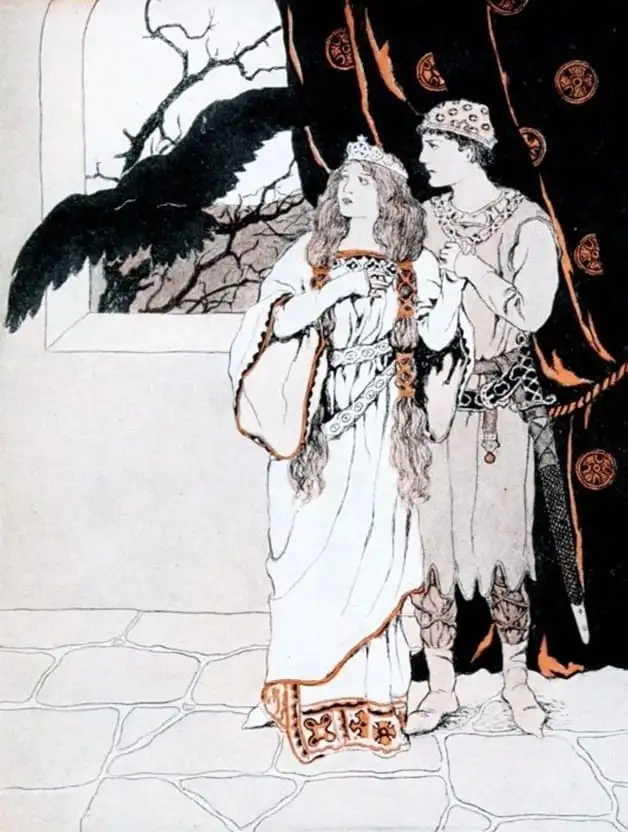 "There was a great black crow in the room with them." Illustration by Katharine Pyle. Published in Wonder Tales from Many Lands by Katharine Pyle (1920), George G. Harrap & Company. 