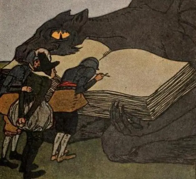 "Then he put before them a book which they were all three forced to sign." Illustration by Albert Weisgerber. Published in Kinder-Und by Wilhelm and Jacob Grimm, publication date unknown, Derlag von Martin Gerlach & Co.