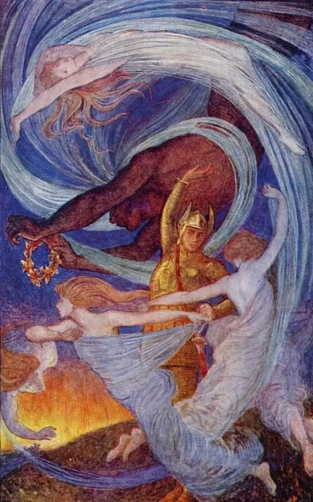 "The whirlwind seizes the wreath." Illustration by H.J. Ford, published in The Violet Fairy Book by Andrew Lang (1901), Longmans, Green and Company.