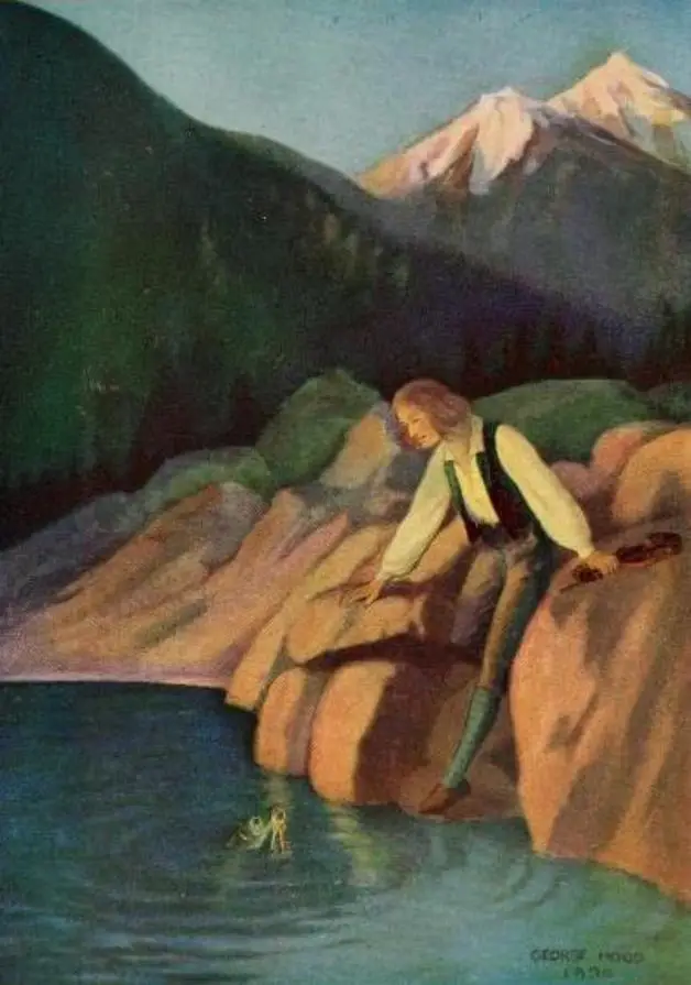 "The pike rose to the surface with the golden keys in his mouth." Illustration by George Hood. Published in The Swedish Fairy Book (1921), Frederick A. Stokes Company, New York.