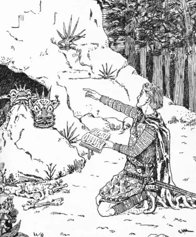 The prince falls on his knees in front of the dragon's cave