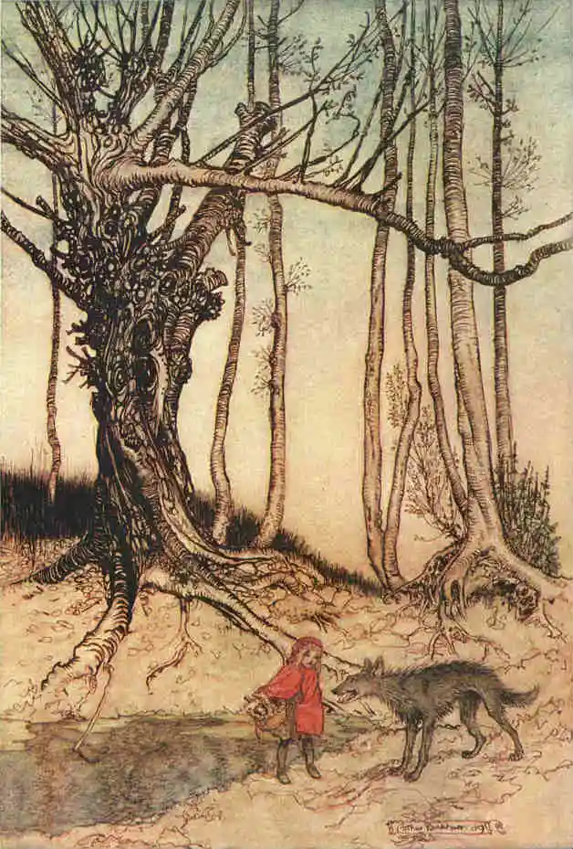 Little Red Riding Hood in the forest as illustrated by Arthur Rackham