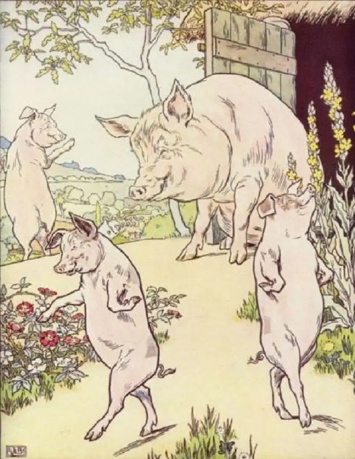 Three little pigs and their mother in front of their home in this illustration by L. Leslie Brooke