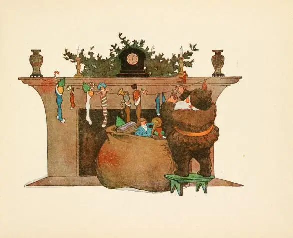 "Santa Claus stuffs the stockings." Illustration by Jessie Wilcox Smith. Published in Twas the Night Before Christmas, Clement Moore (1912), Houghton Mifflin Company.