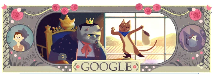 Google Doodle celebrating Charles Perrault, author of Puss in Boots