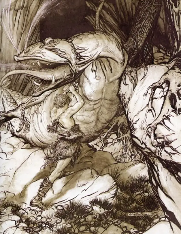 Sigurd slays the dragon Fafnir in this illustration by Arthur Rackham