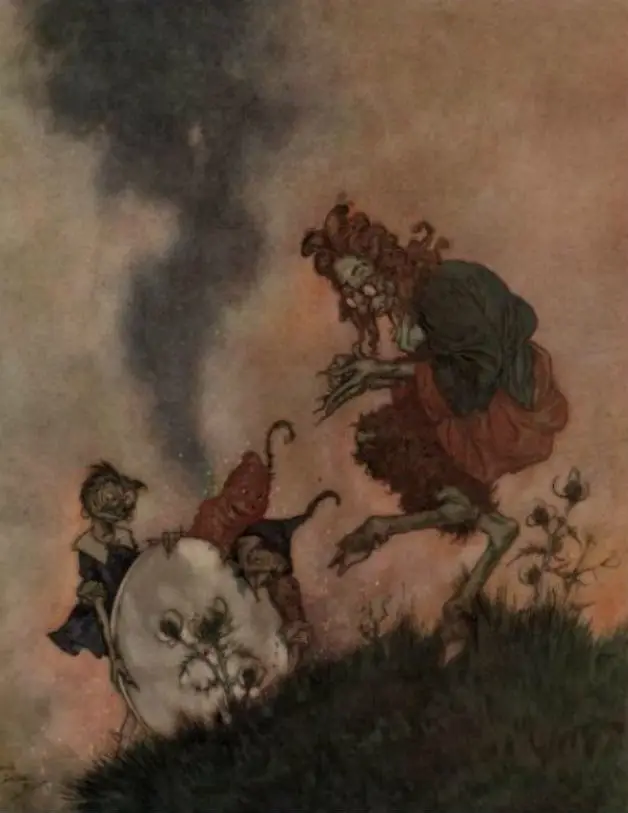 An illustration of the troll and his mirror by Edward Dulac for the tale The Snow Queen