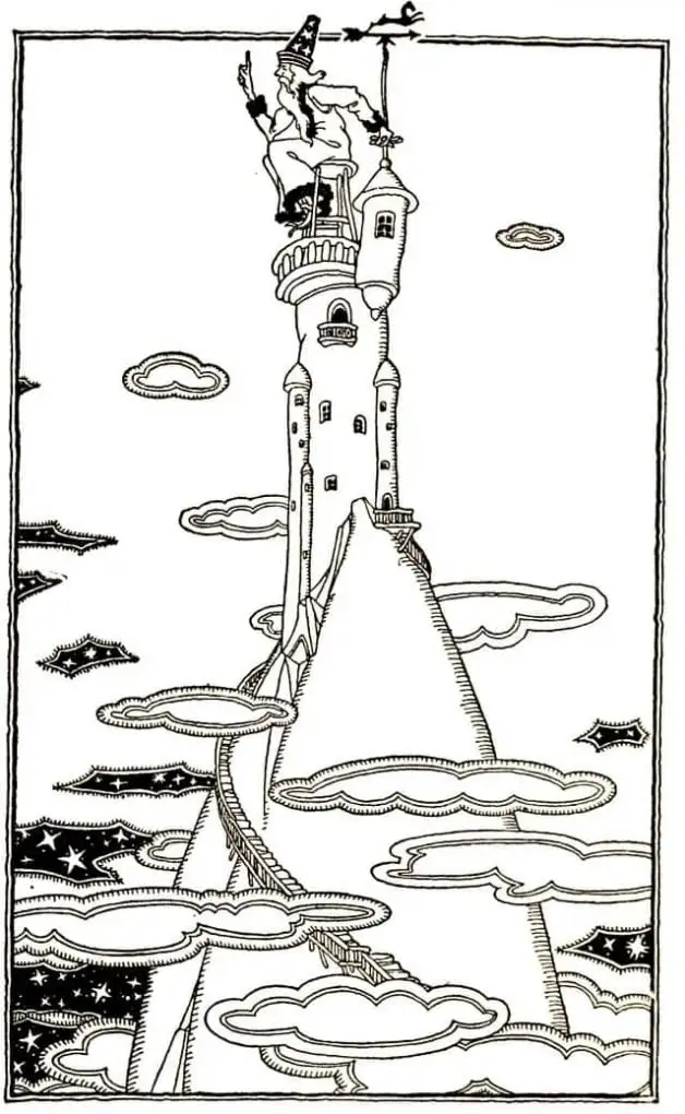 "And there on a high stool in a high tower on a high hill sits the Head Spotter of the Weather Makers." Illustration by Maude and Miska Petersham, published in Rootagaba Stories by Carl Sandburg (1922), Harcourt, Brace and Company.