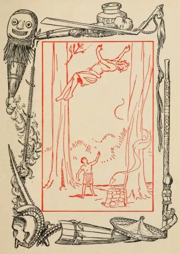 "'Now it is my turn,' said Maui, and he seized the Fire-god, tossed him clear out of sight, and caught him like a ball when he came down. " Illustration by John R. Neill. Published in The Magic Jawbone: A Book of Fairy Tales from the South Sea Islands(1906),